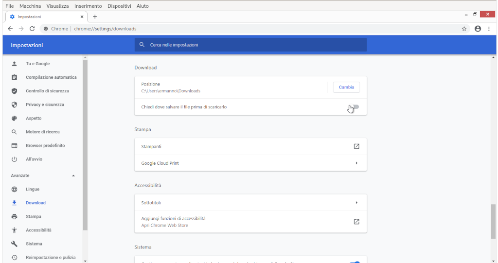 impostazioni download chrome